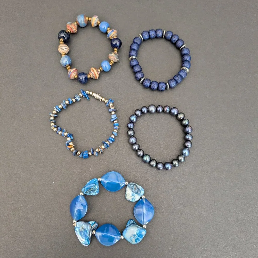 5 shades of blue layering beaded bracelets
